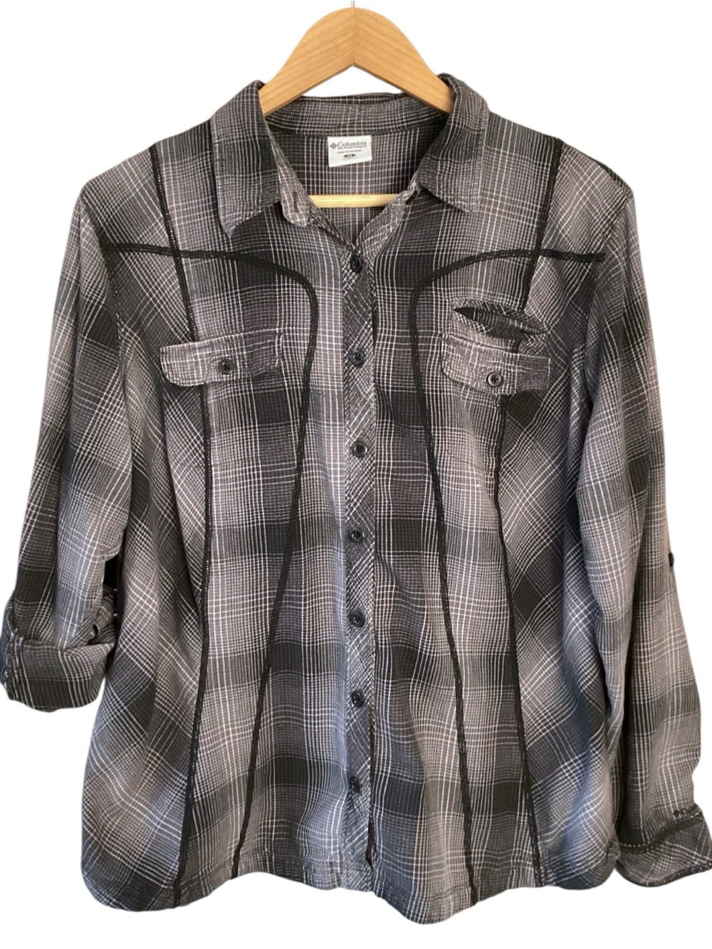 Columbia Women’s Sandy Mile Soft Flannel Long Sleeve Shirt 1X Black Grey